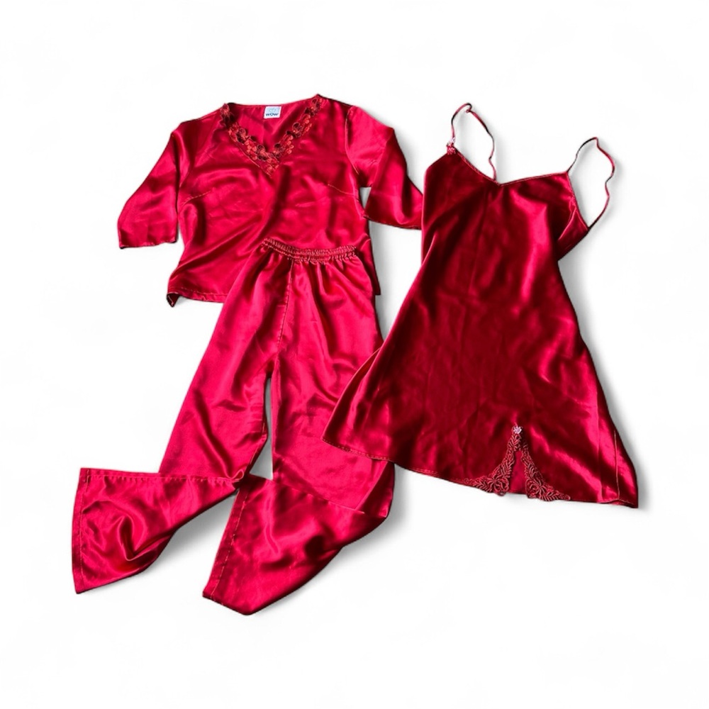 Lot of 3 Women’s WOW Collection Red Satin Pajama Top Pants Chemise Size Large